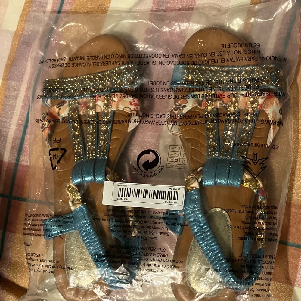 Light Blue and Floral Golden Beaded Sandals